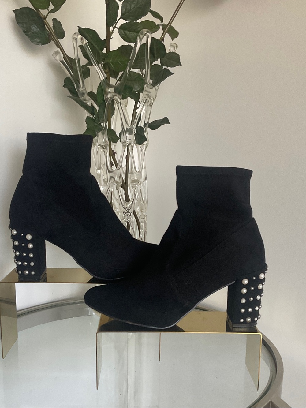 STEVE MADDEN Black Pearl-Embellished Block Heel Ankle Boots sz8.5
